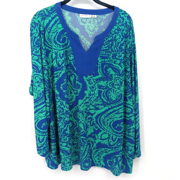Susan Graver Top Women Plus 2X Blue Green Liquid Knit Tunic Blouse Mature Casual - Picture 1 of 9